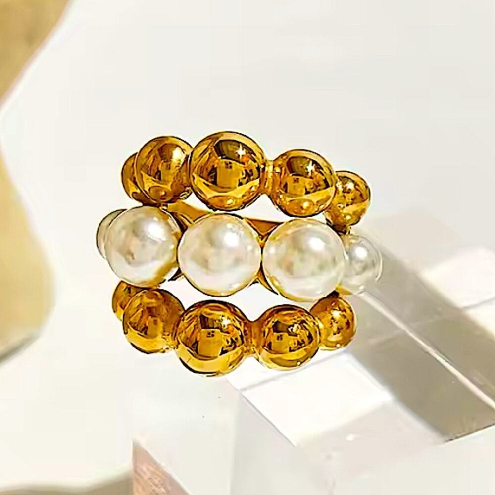 Gold Pearl Large Ball Statement Ring Chunky Exaggerated Cocktail Ring - Picture 6 of 7